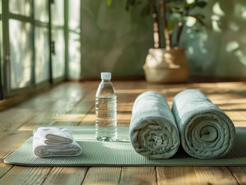 Um tapete de yoga enrolado com garrafa d'água e toalha